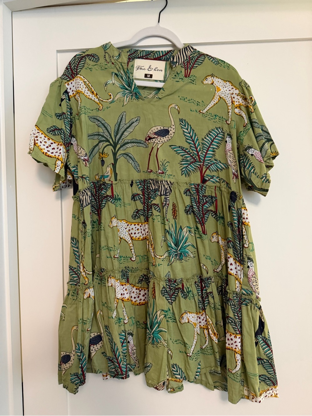 Fox & Hen Green Tropical Animal Print Tiered mini dress